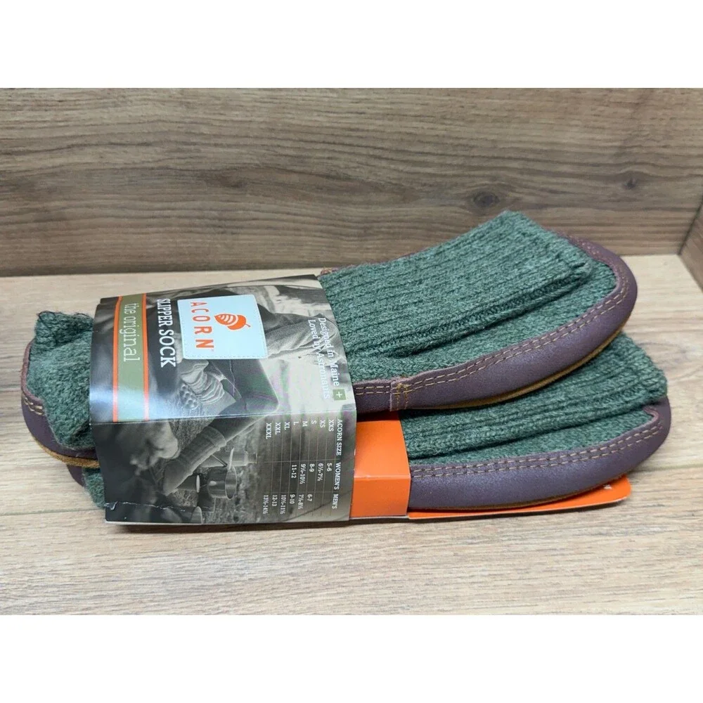 Acorn Mens XL Olive Wool Blend Slipper Socks w/ Suede Soles - New!
